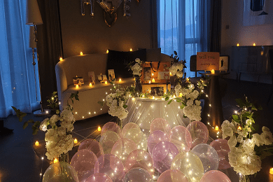 Romantic balloon arch and elegant décor for a marriage proposal in Toronto, created by Toronto Balloons & Event Décor.